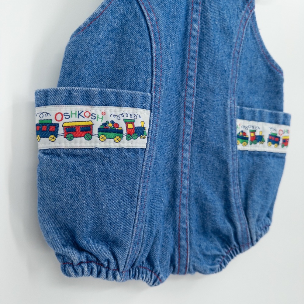 Vintage 90s OshKosh B'gosh Denim Bubble Overalls Baby 12M Train Vestbak Romper - Picture 9 of 10